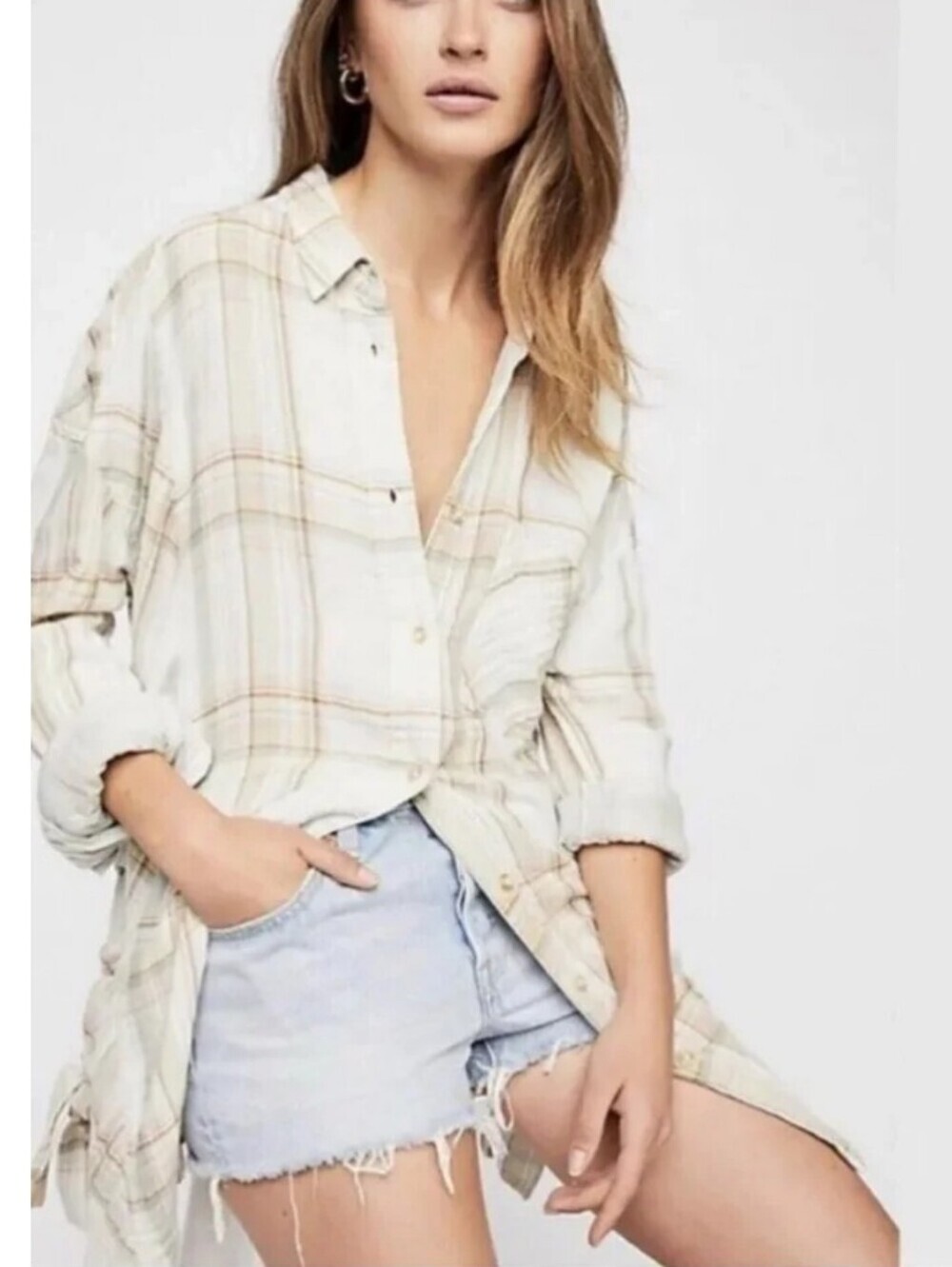 Free People Nordic Day Gauze Plaid Lace-up Side Tunic Top Small Cream Combo - Picture 2 of 10